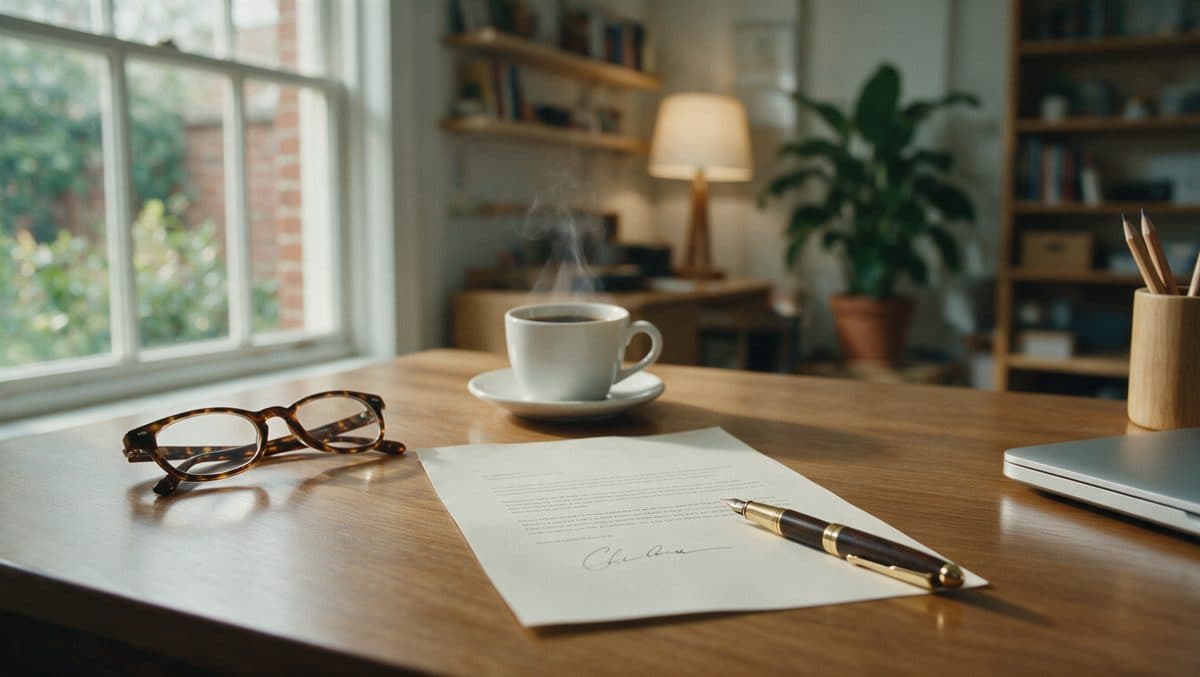 A signed document, a pen and reading glasses on a tidy desk.