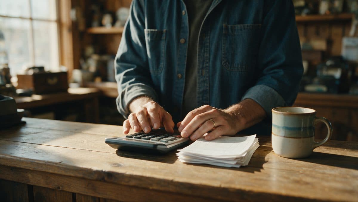 Hands at a shop counter with a calculator, invoices and a coffee mug.