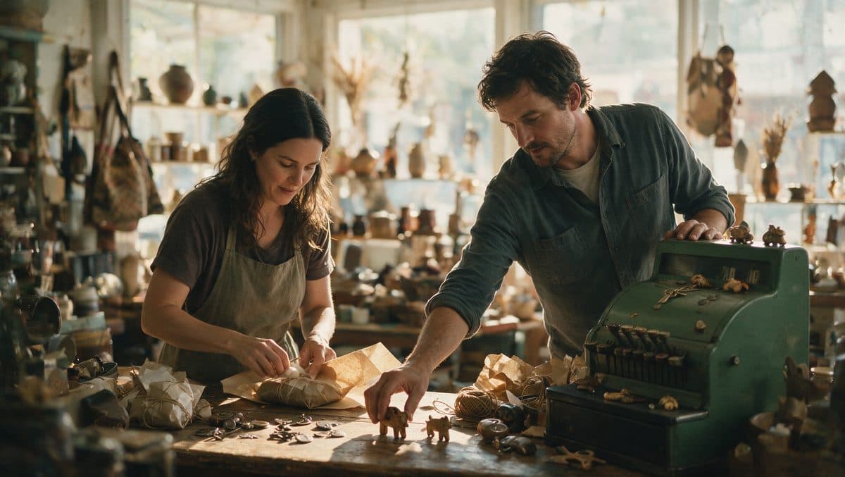 Two employees working at a busy independent shop counter.
