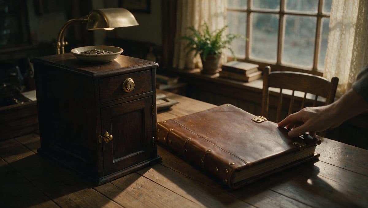 A quiet back-office desk at dusk with a ledger and a locked cabinet.