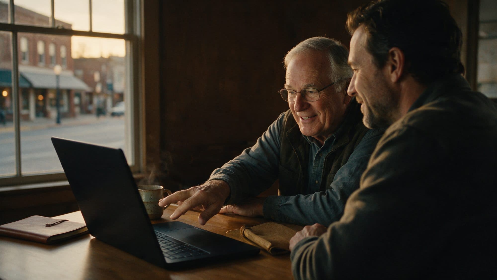 A senior advisor and a small-business owner reviewing work together at a laptop.