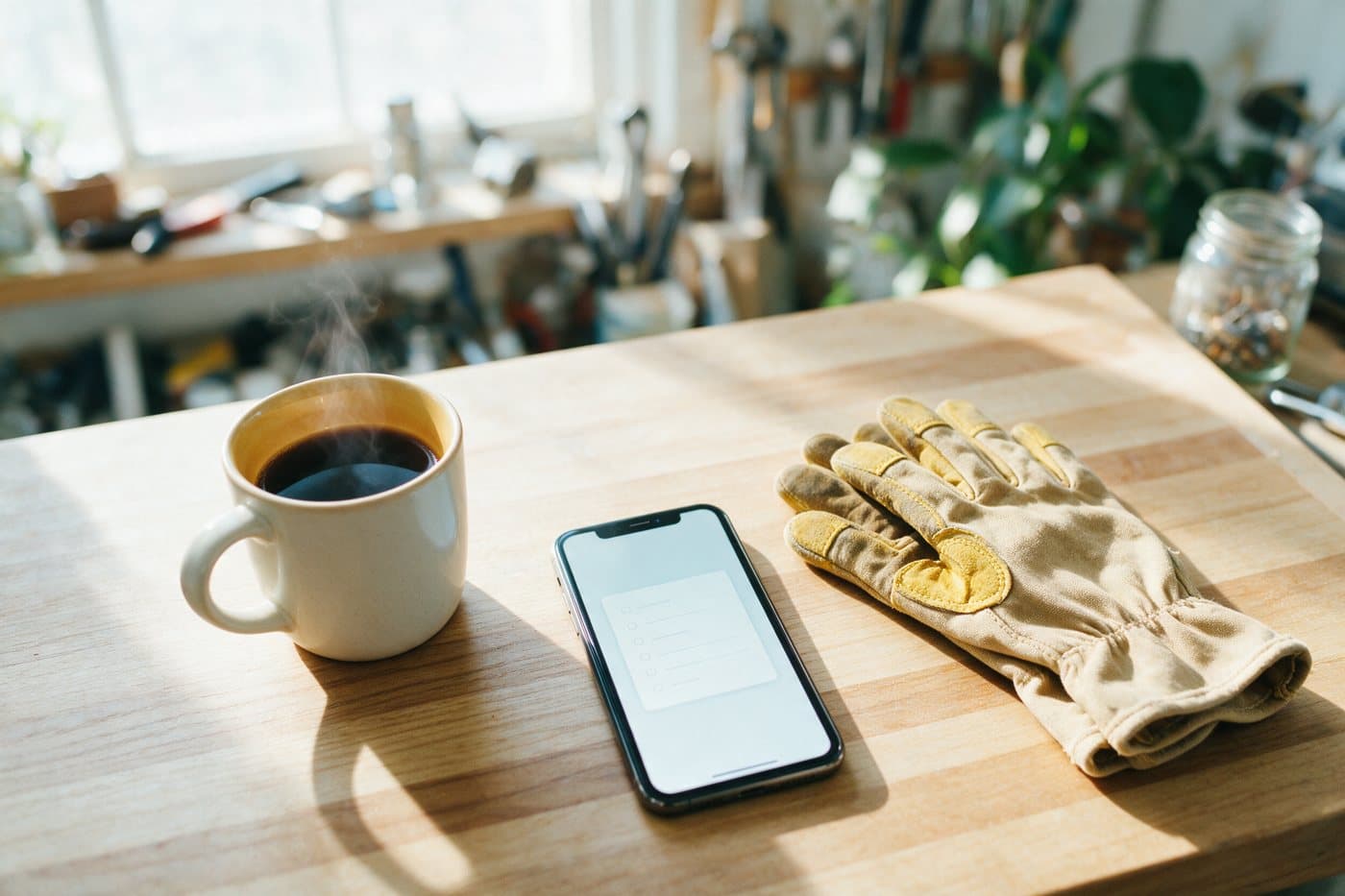 A phone on a sunlit workbench showing today's checklist, beside a coffee and work gloves.
